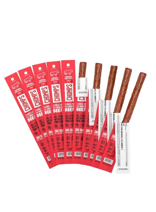 CHOMPS Grass-Fed and Finished Original Beef Jerky Snack Sticks 10-Pack - Image 1
